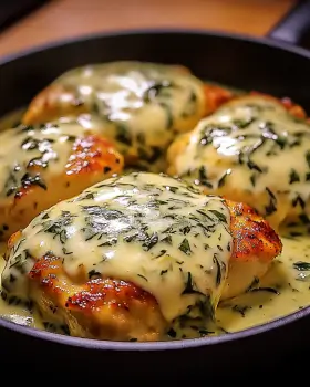 Mozzarella Chicken with Basil Cream Sauce is delightful!