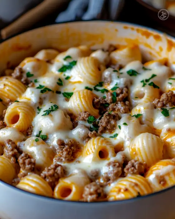 Creamy Beef and Shells is a family favorite meal.