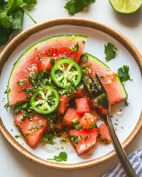 Spicy Watermelon Salad with Cilantro and Lime delights your palate!