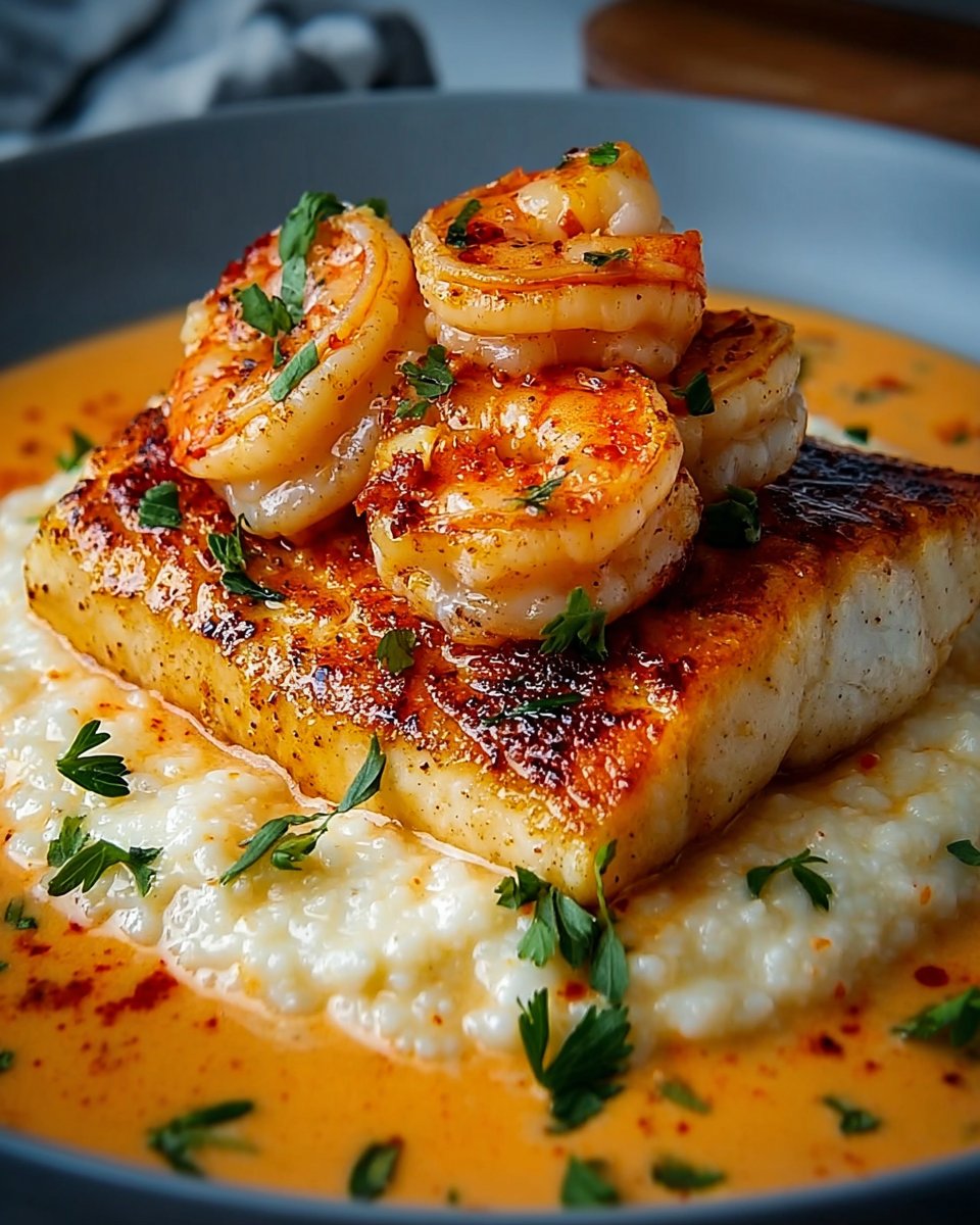 Red Snapper, Shrimp & Grits with a Cajun Cream Sauce Delight!