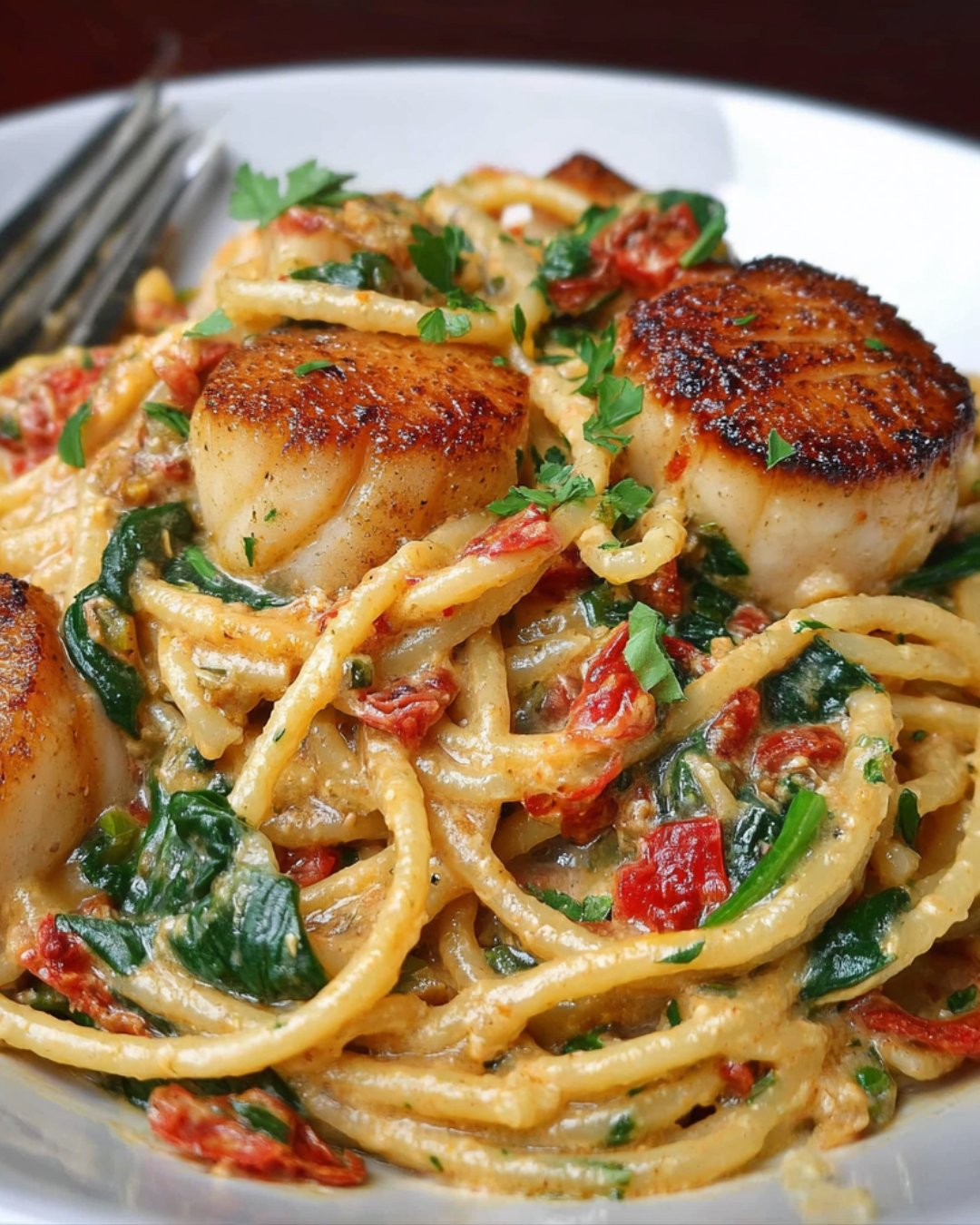 Creamy Tuscan Spaghetti with Jumbo Scallops is Irresistible!
