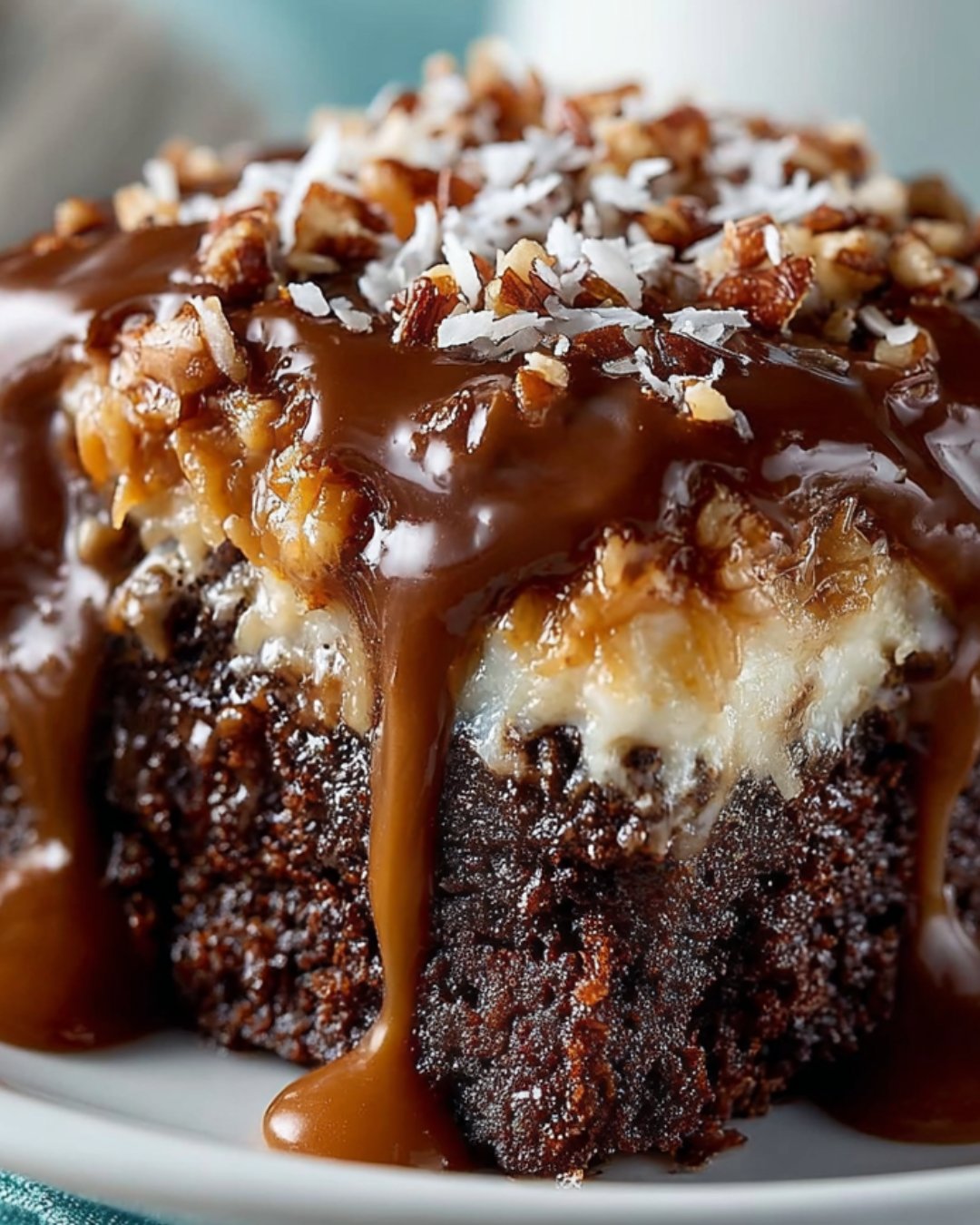 Moist Chocolate Poke Cake with Coconut-Pecan Topping is a must-try!