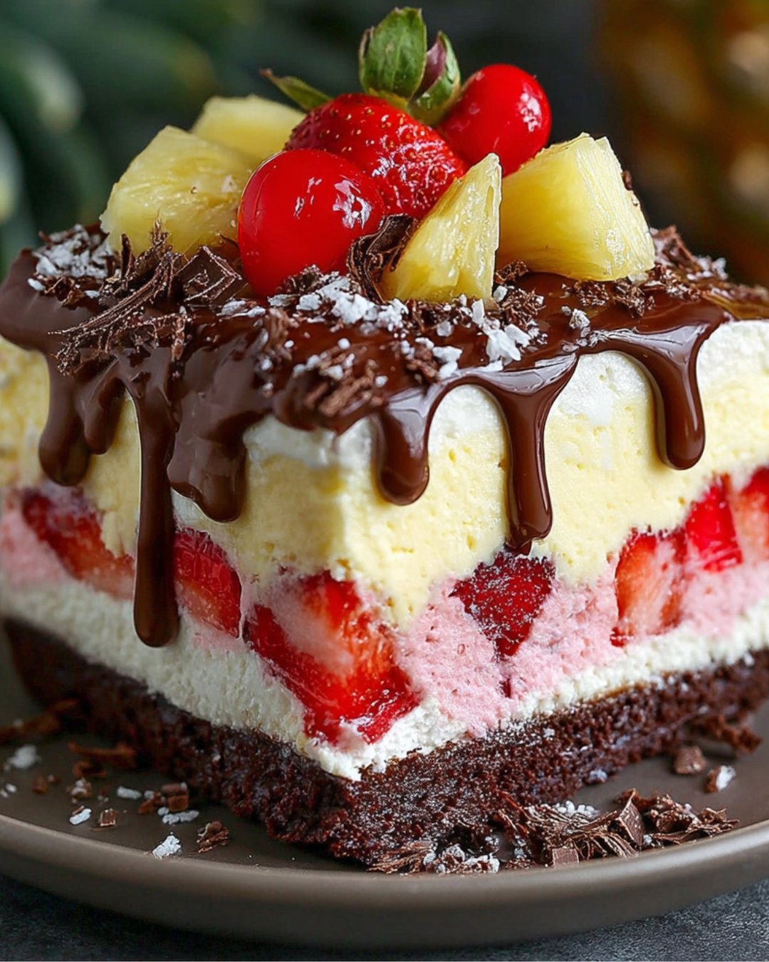 Pineapple Strawberry Chocolate Ice Cream Cake delights your taste buds!
