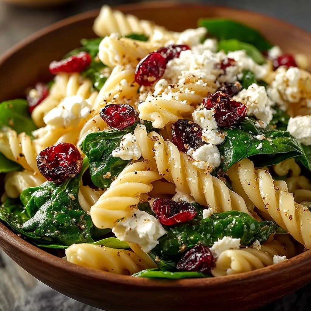 Spinach Pasta Salad with Feta and Cranberries delights!