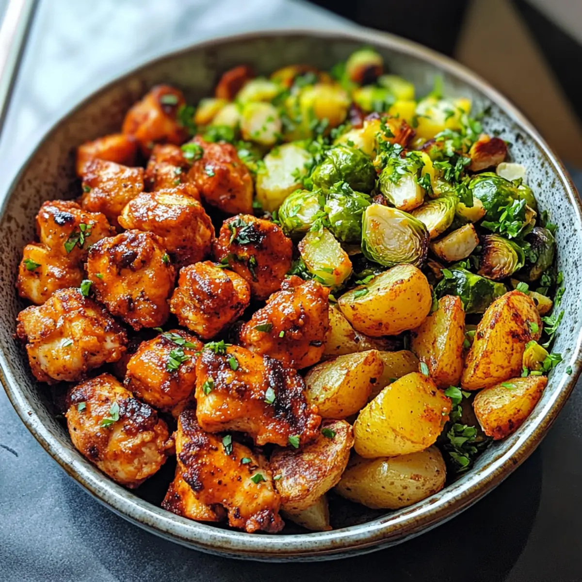Buffalo Bites Bowl with Crispy Potatoes & Shaved Brussels Joy