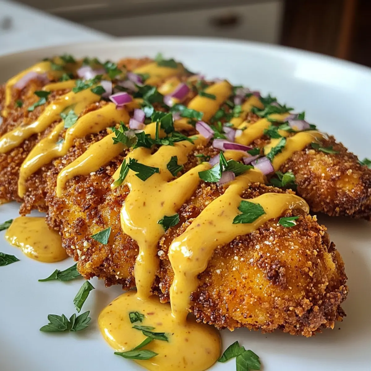 Crispy Pretzel Crusted Chicken with Cheddar-Mustard Sauce Delight