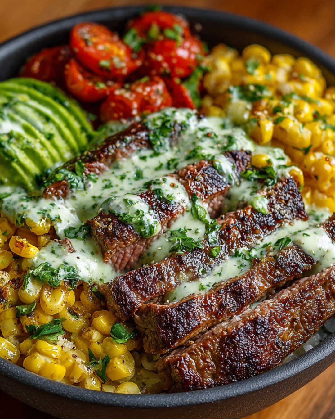 Steak, Avocado & Roasted Corn Bowl with Cilantro Cream Sauce: A Flavorful Meal You Must Try!