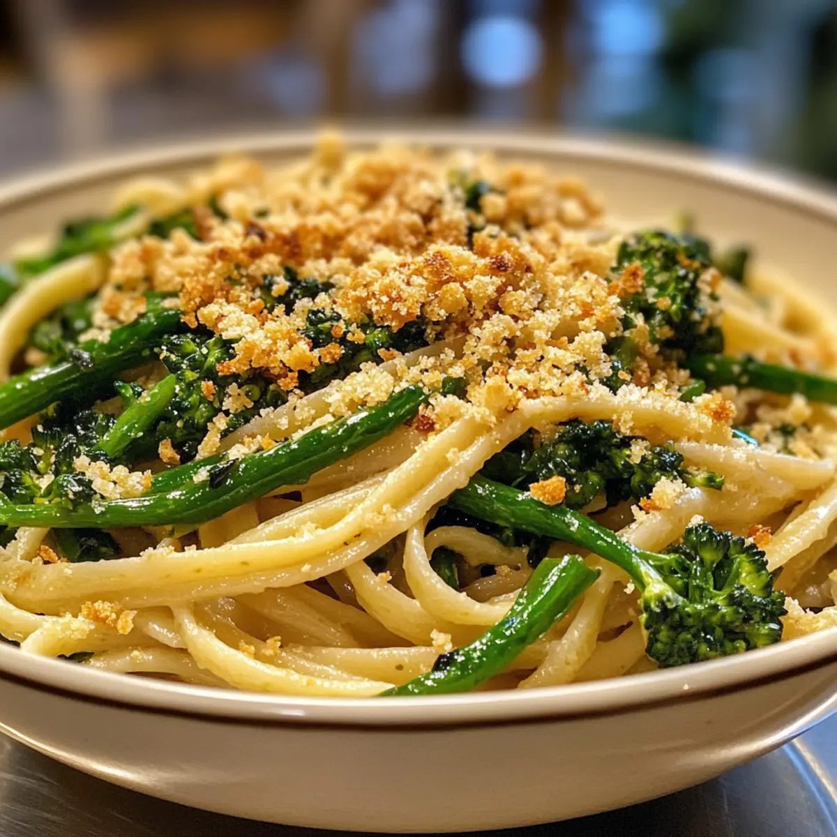 Green Olive Linguine with Broccolini & Crispy Breadcrumbs Delight
