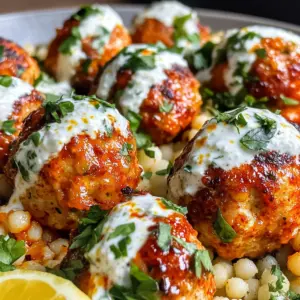Harissa Baked Chicken Meatballs with Couscous & Yogurt