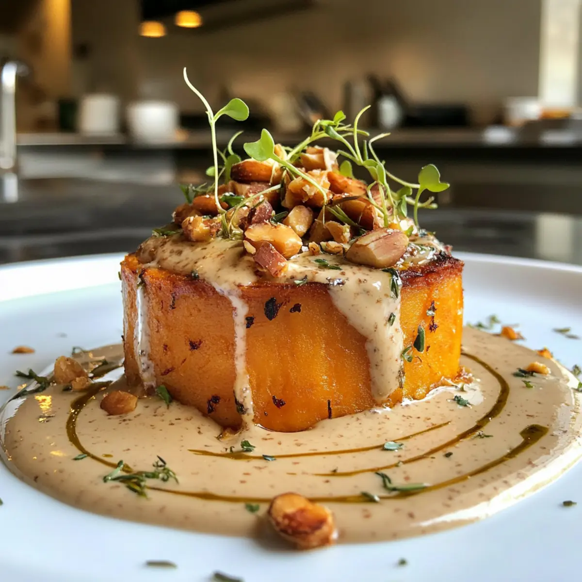 Delicious Sweet Potato Fondant with Smoked Almond Cream & Rosemary Oil