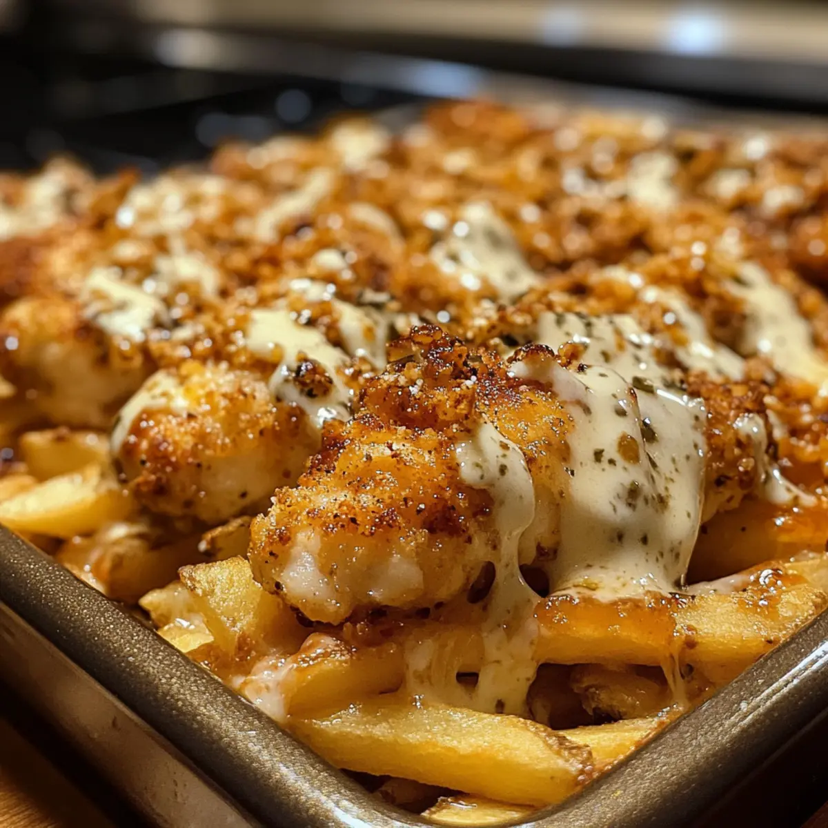 Hot Honey Pretzel Chicken Loaded Cheesy Fries Bake to Savor